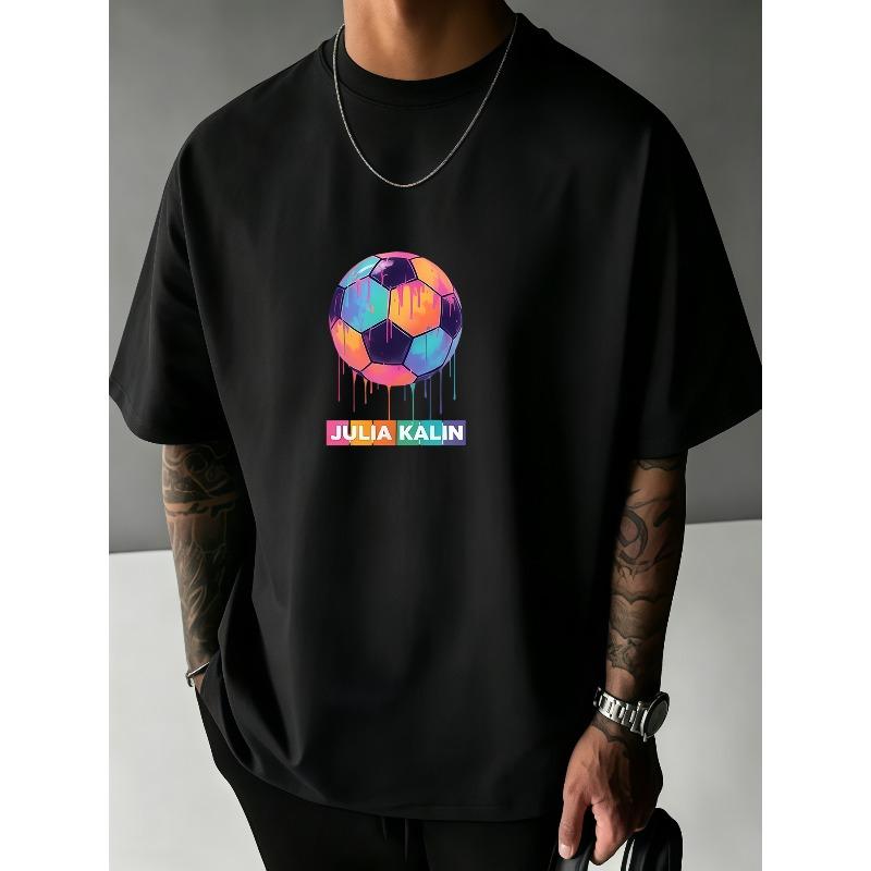Herren Fußball Print T-Shirt - Atmungsaktives lockeres Kurzarm-Rundhals-T-Shirt mit Fußballtrikot, Freizeit- & Sportbekleidung für den täglichen Weg