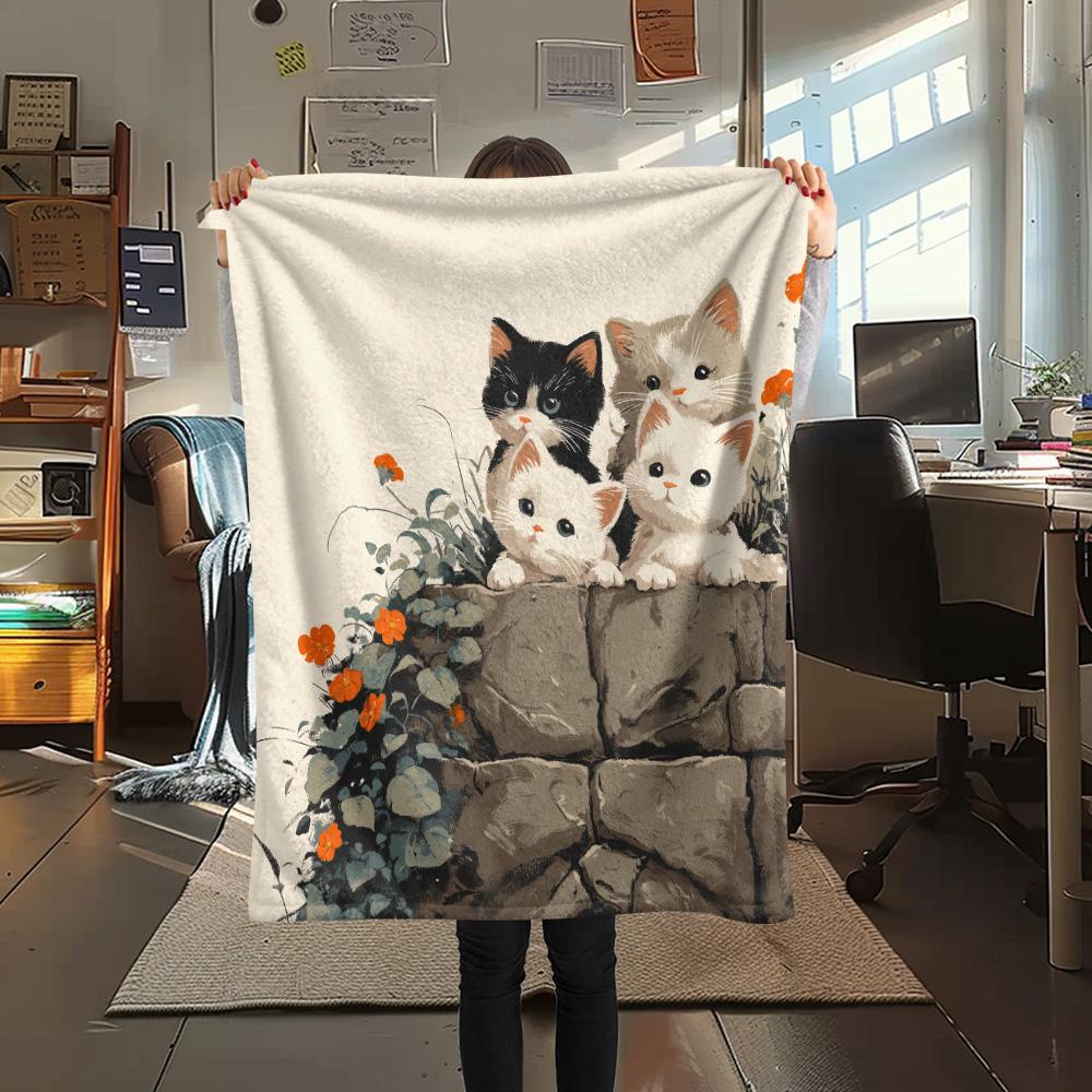 Peeking Cats Print Flannel Blanket, High quality Comfortable for All Seasons, Home Decor, Warmth and Comfort