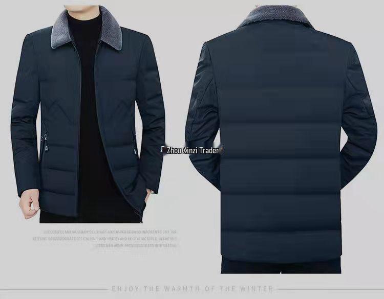 Men's Middle-Aged Warm Down Jacket with Detachable Fur Collar and Fleece Lining