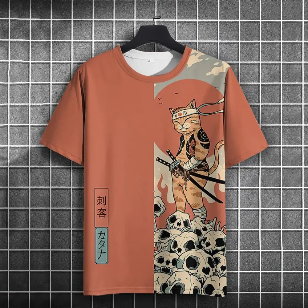 Unisex T-shirt Men Women Japanese Samurai Cat 3D Printed T-shirt Casual Fashion Funny Shirt Top T-shirt Men's Summer T-shir