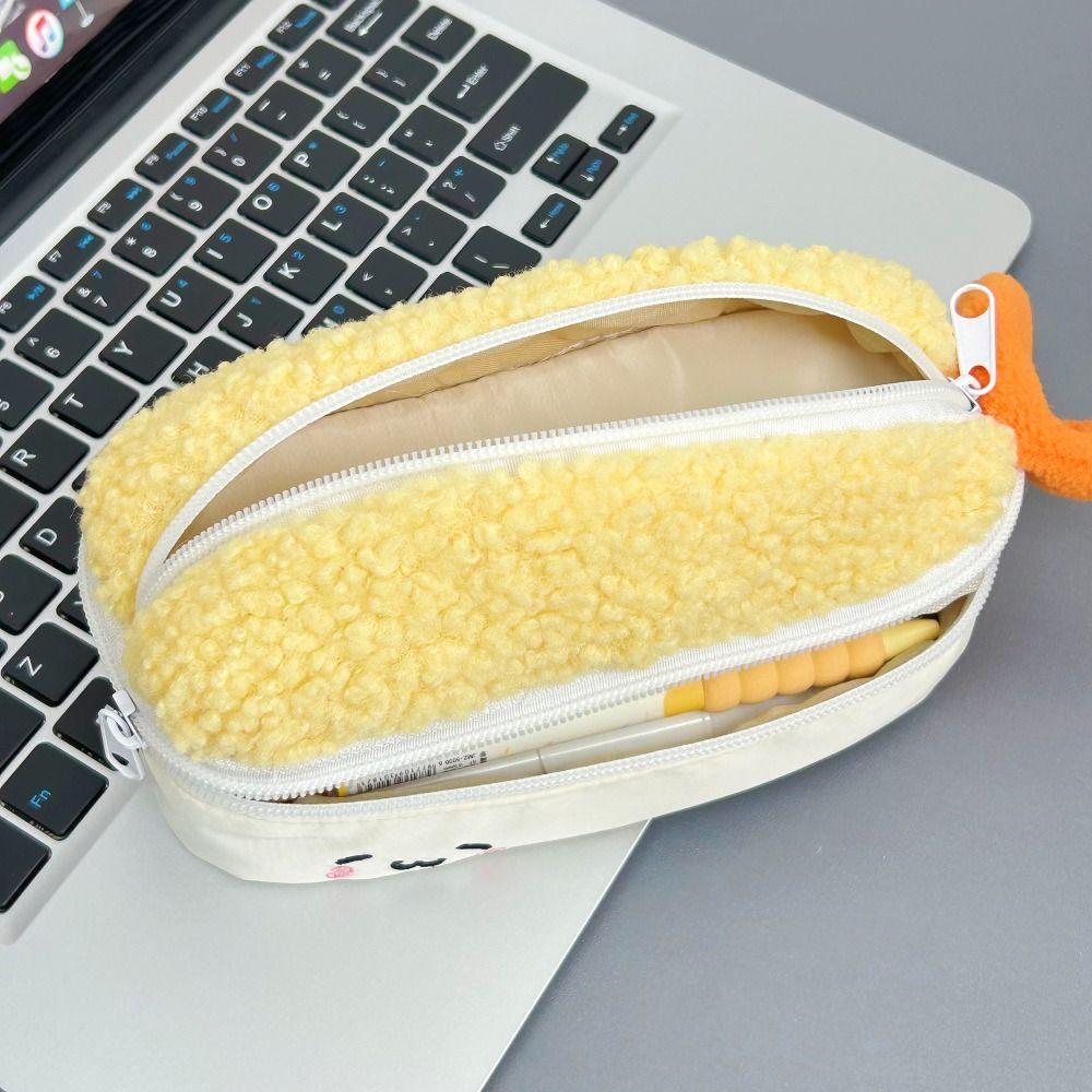 Plush Fried Shrimp Shape Pen Bag Double Layers Large Capacity Stationery Bag Cute Students Pencil Case Stationery Organizer
