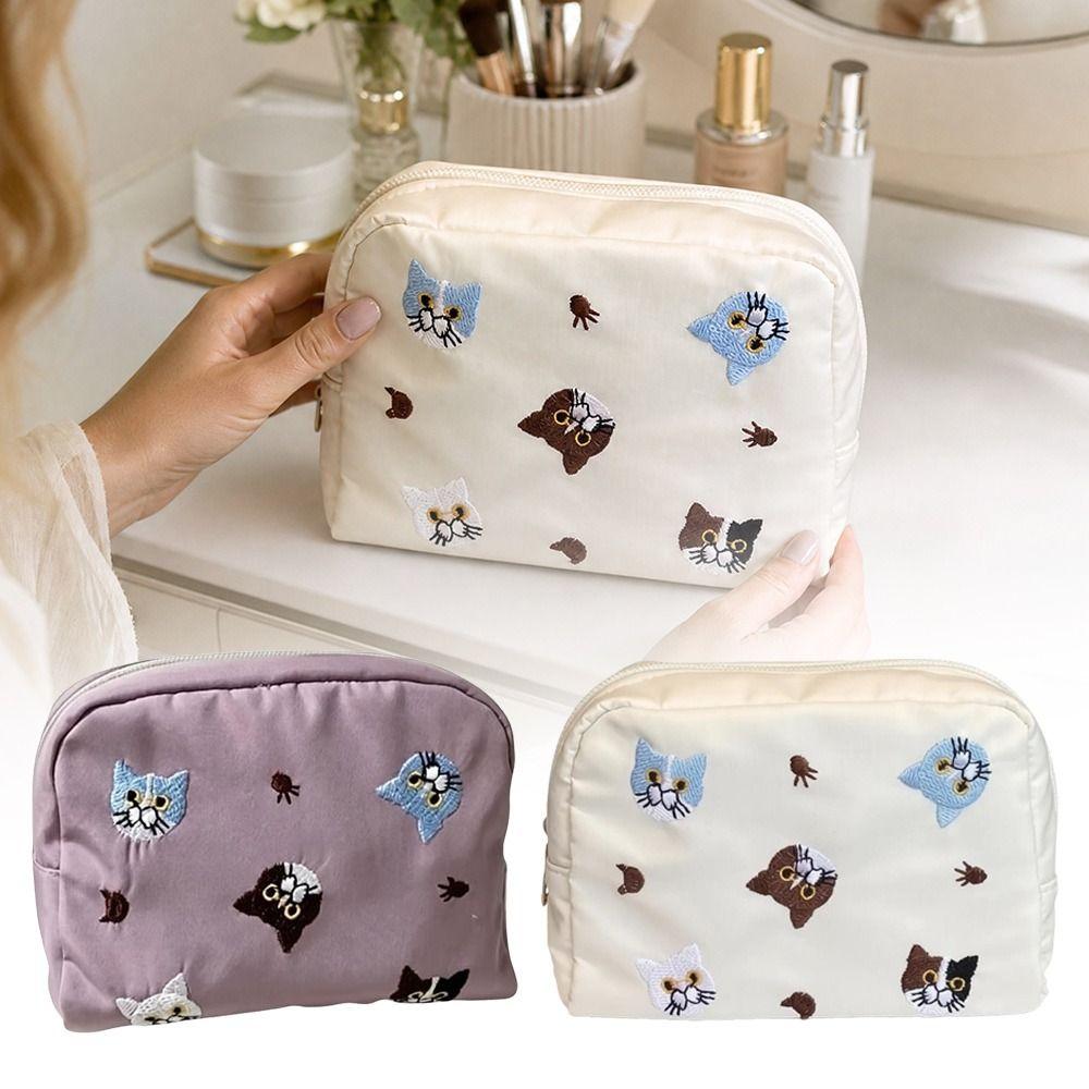 Portable Embroidery Cosmetic Bag Multifunctional Nylon Makeup Bag Large Capacity Lipstick Organizer Cases