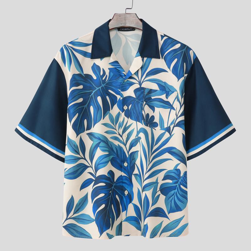 

INCERUN Oversized Men s Short Sleeve Printed Button Up Casual Hawaiian Shirts 4XL синий