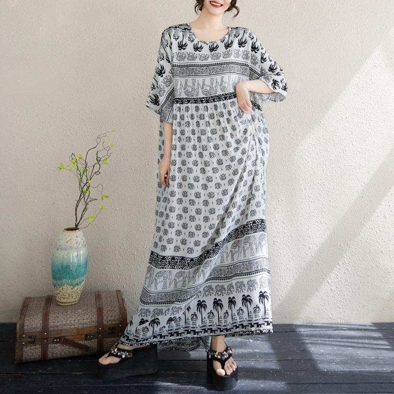 Kortermet Plus size bomull vintage floral nytt i kjoler for kvinner uformell løs lang sommerkjole