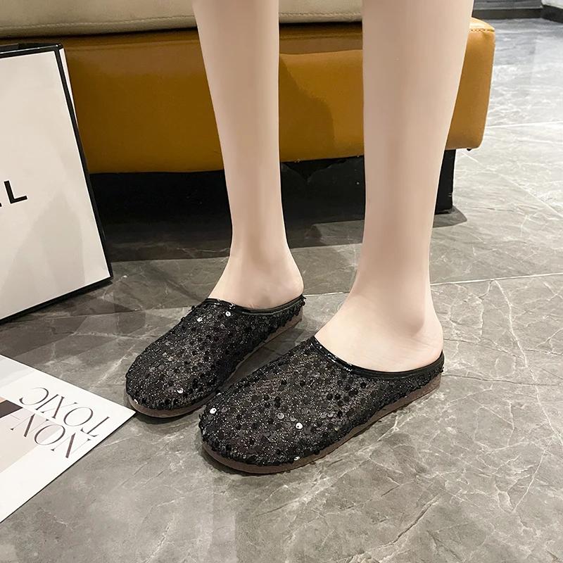 Fashion 2025Spring Fashion Baotou Slippers for  Round Head Sequin Cloth Mesh Breathable Soft Sole Anti-slip Wear-resistant Flat Shoes