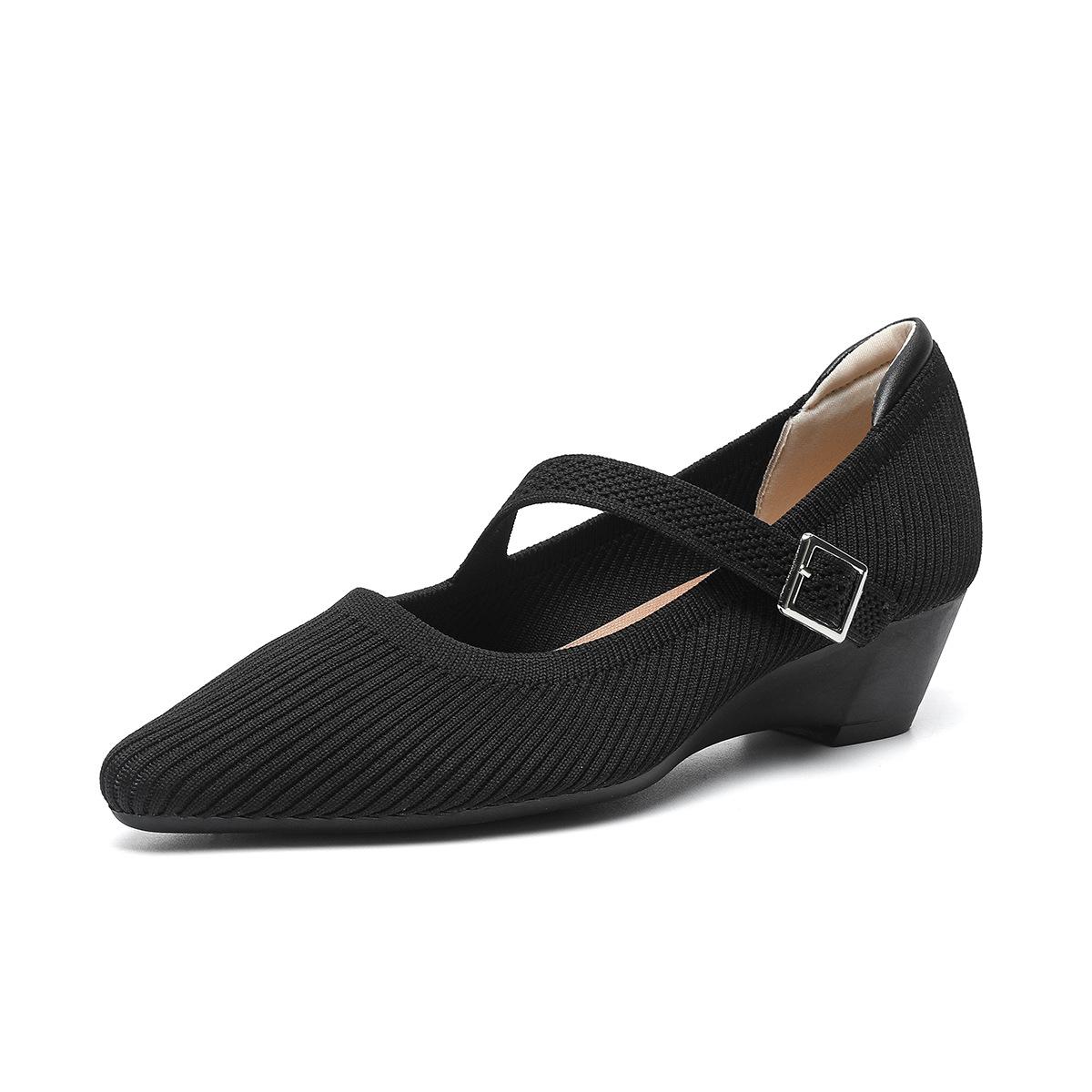 

Летне-осенние женские туфли Мэри Джейн 2025 Новые туфли-лодочки с острым носком и удобной посадкой Дышащие вязаные танкетки Женская повседневная обувь Zapatos Mujer 34 чёрный