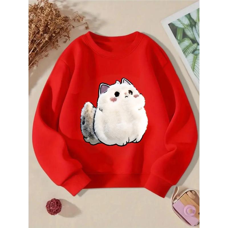 European Size Crewneck Sweatshirt - Fluffy White Cat with Pink Cheeks Machine Washable, Spring And Autumn, Sportswear And Casual Wear, Soft
