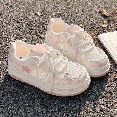 Pink Platform Bread Shoes Women's Shoes Niche Star Board Shoes 2025 Spring and Summer Versatile Breathable Mesh Shoes Casual Shoes