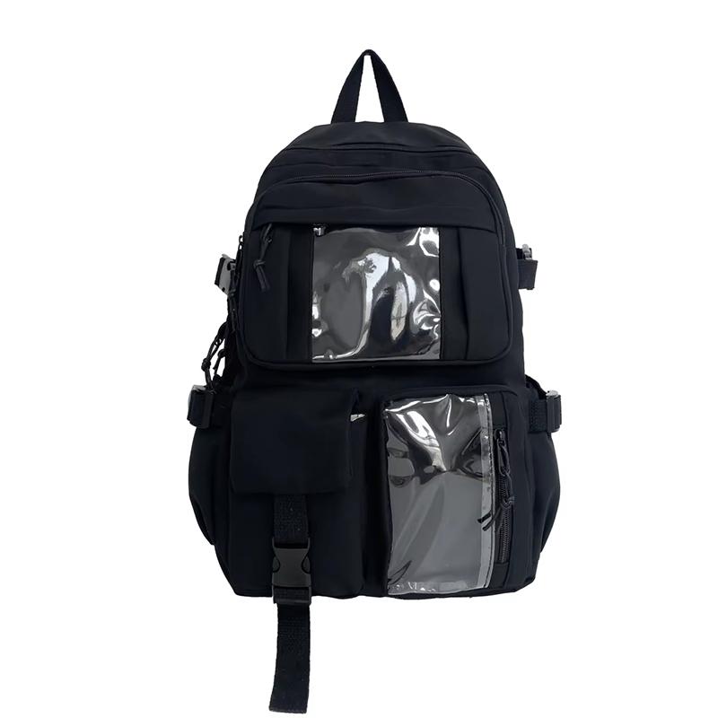 Süßer Oxford-Stoff Ita Schulrucksack, atmungsaktive Tasche mit mehreren Fächern für Mädchen & Damen, durchsichtiges Fenster für Abzeichen schwarz