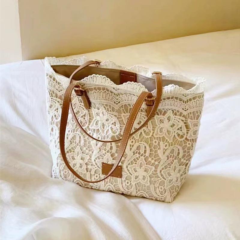 Women Lace Flower Embroidery Tote Summer Seaside Travel Vacation Beach Bag Shoulder Retro Handbag CLE