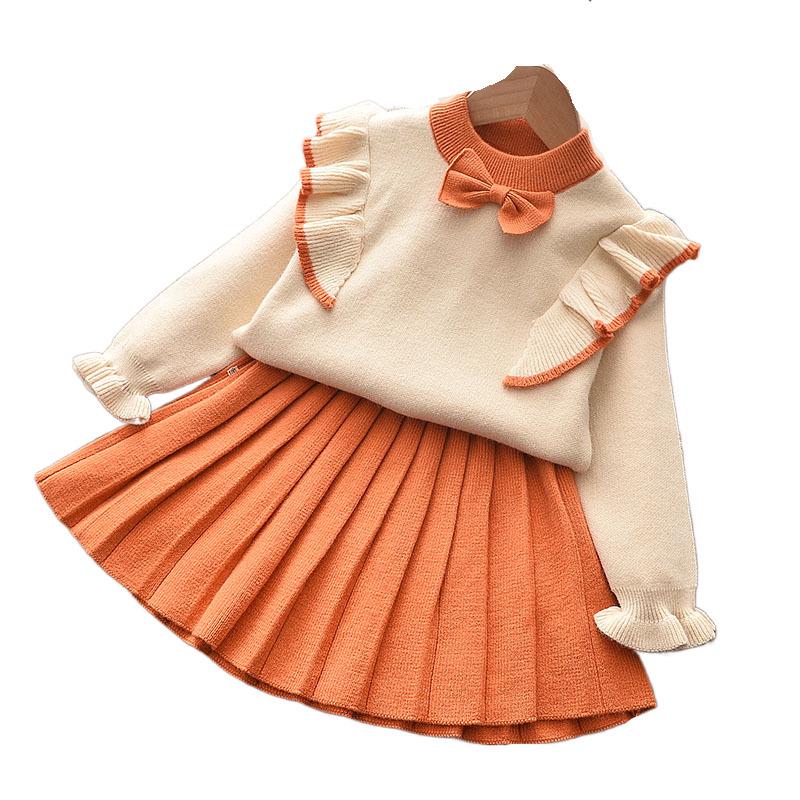 Mädchen Strickpullover & Kleid Set mit Fliegenärmeln - Koreanischer Stil, Frühling/Herbst Mode, Zweiteiler für kleine & mittlere Kinder