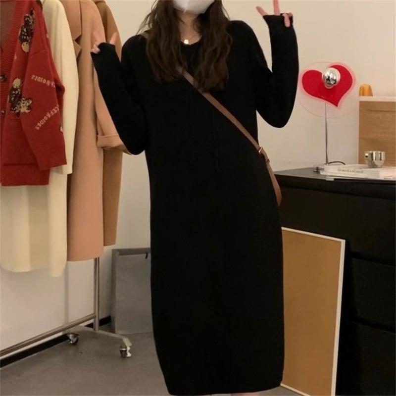 Long Knitted Hooded Dress Women's Loose New Sweater Skirt Autumn and Winter with Coat, Thin Inside