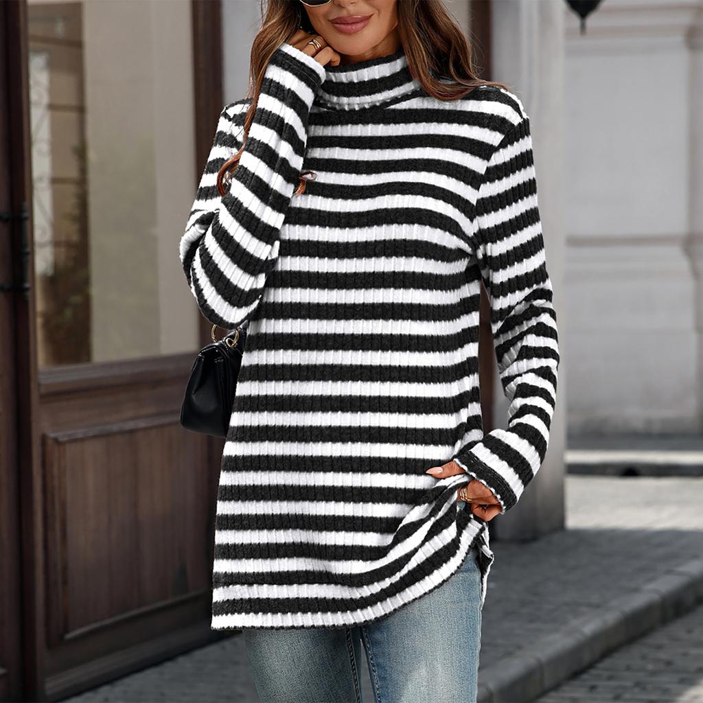 Women's Fashion Casual Striped High Neck Loose Long Sleeve Casual Pullover Top