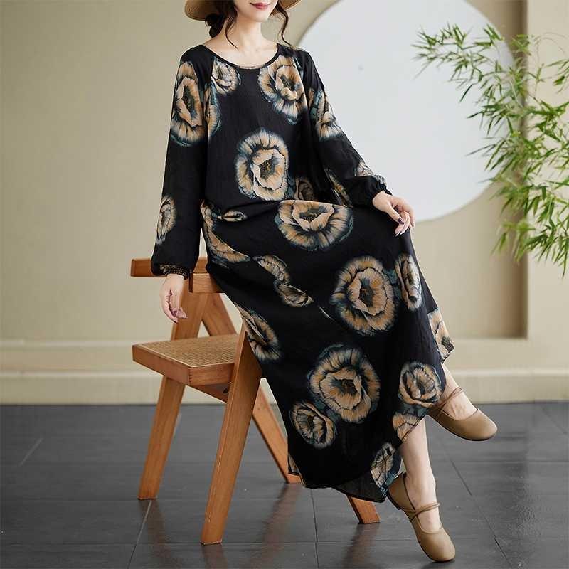 Vintage Long Sleeve Age Reducing Plus Size Casual Long Dresses