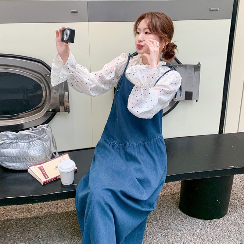 Spring 2025 Polka Dot Denim Suspender Dress: Fashionable, Stylish, and New