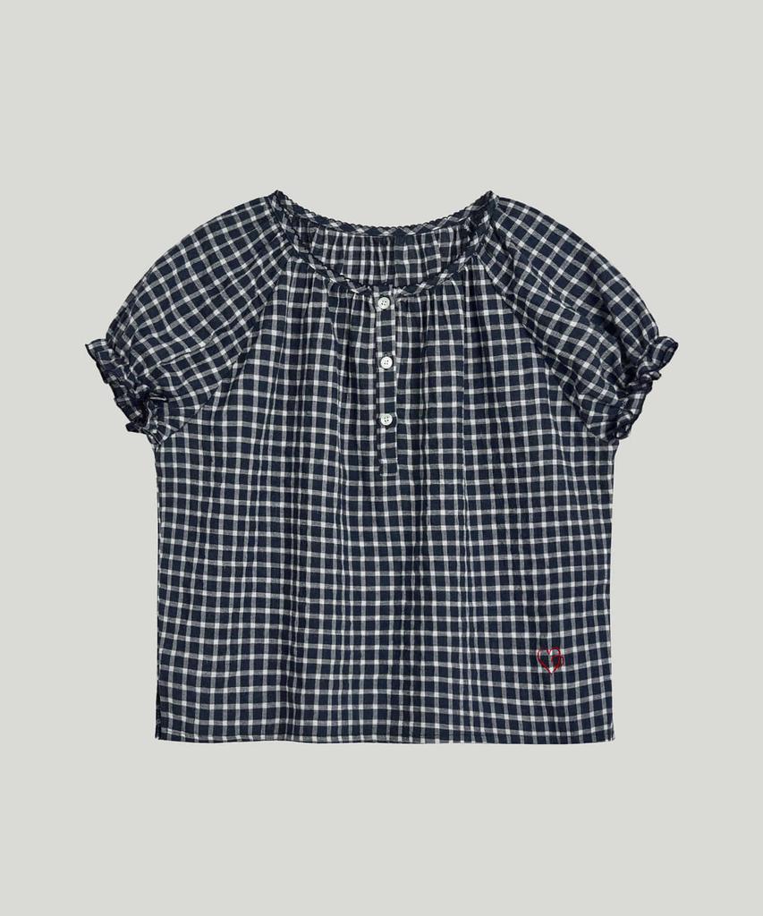Poeteuseoul Checked Puff Sleeve Blouse_Navy