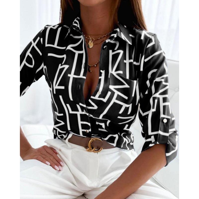 1116 European and American women's spring and autumn tops, long-sleeved shirts, printed shirts, women
