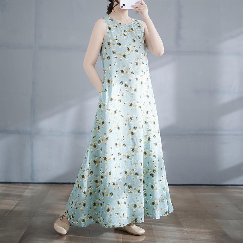 

DIMANAF 2025 Women Linen Summer Flower print Dress Casual Ladies Basic Long Dress 8136 2XL