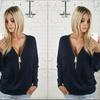 Fashion Full Women Sleeve Sexy Deep V Neck Blouse Plus Size Sweater Zipper