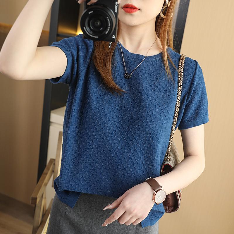 Summer New Round-neck Knitted Short-sleeved Women's T-shirt, Loose Large-sized Plaid Half-sleeved Top