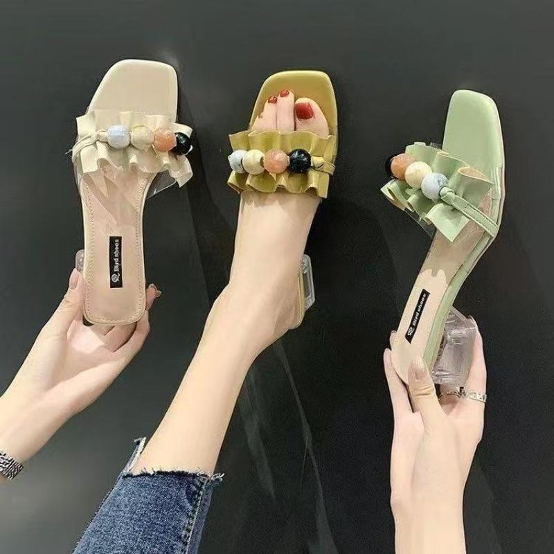 Ciabatte di Cristallo - Scarpe da Donna con Tacco Spesso e Punta Quadrata, Sandali con Tacco Alto