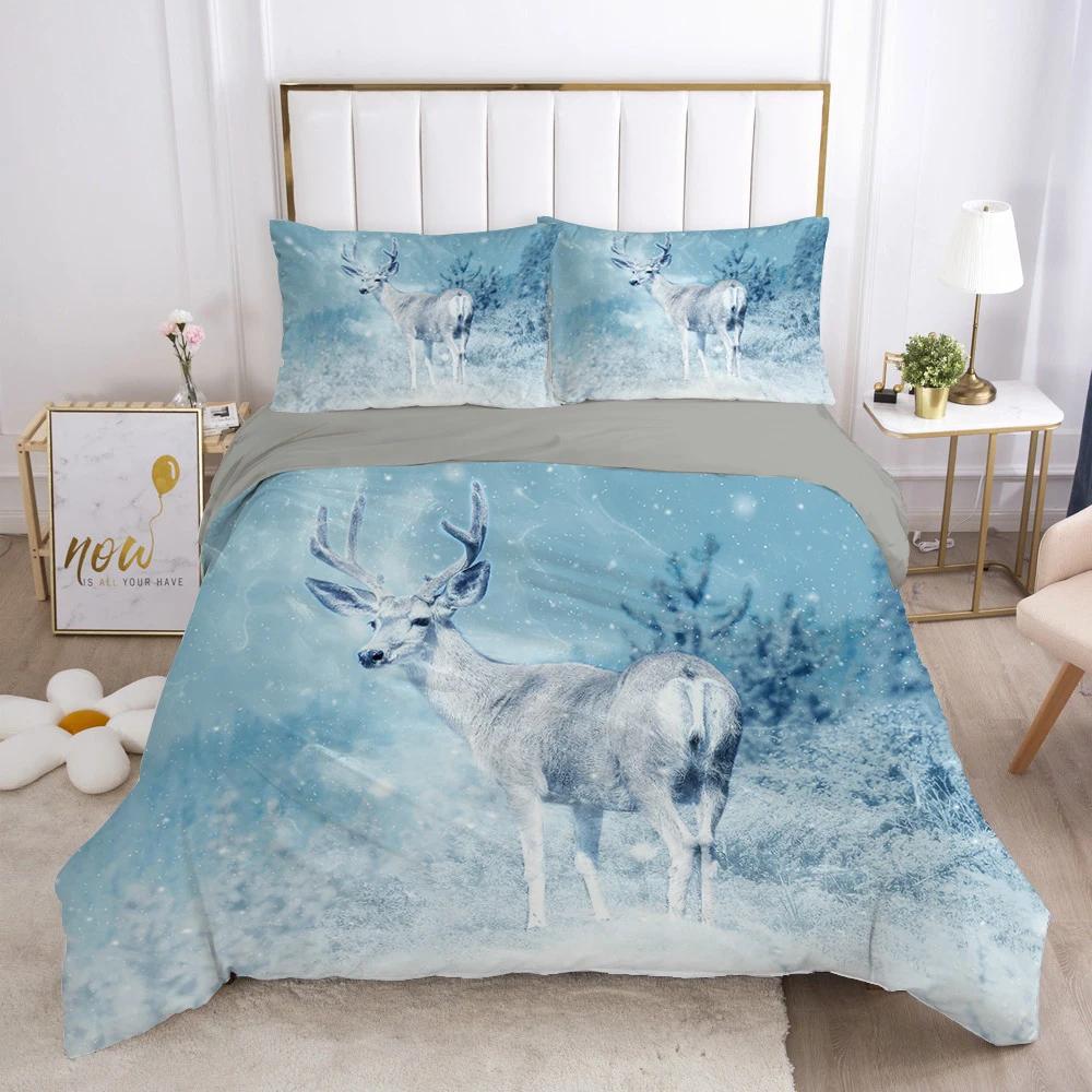Christmas Deer King Queen Duvet Cover Animal Elk Bedding Set 2/3pcs for Kids Teens Adults Blue Soft Quilt Cover with Pillowcase