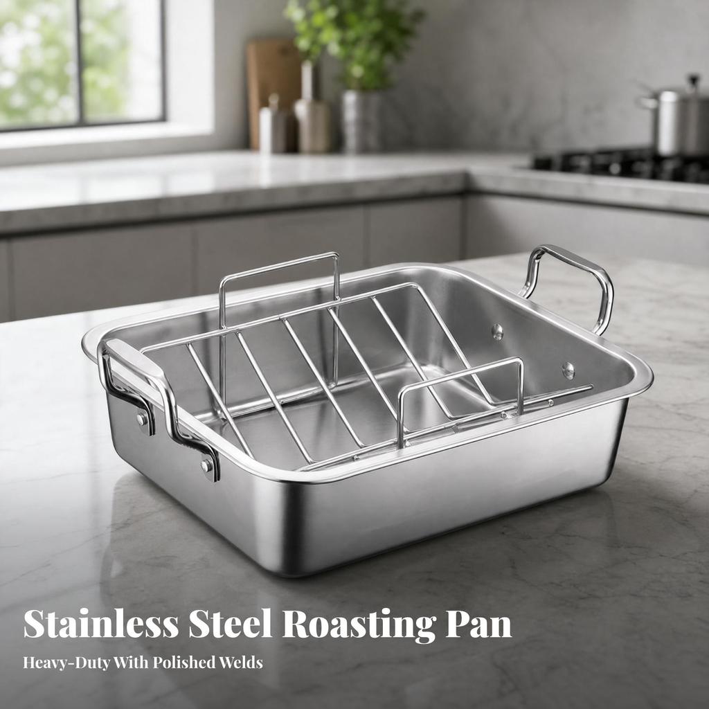 Roasting Pan with Rack Versatile Rectangular Roaster Premium for Kitchen, Bakers