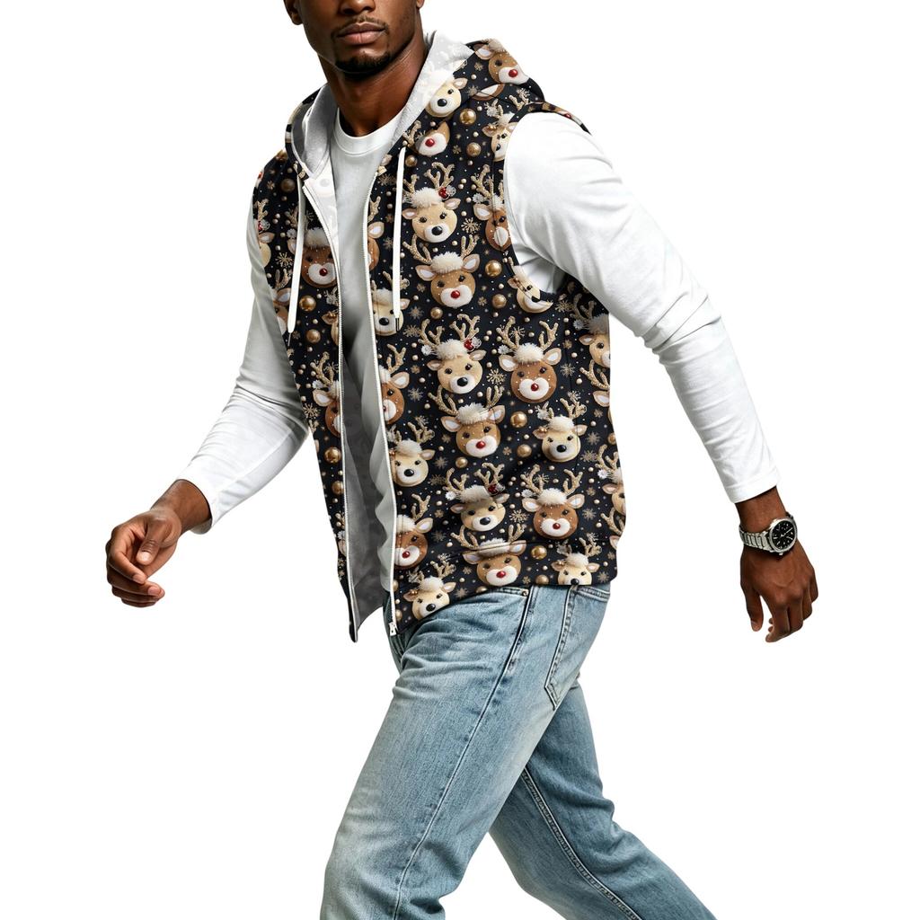 Gilet da uomo casual con cappuccio, senza maniche, con zip e stampa natalizia per feste di festa