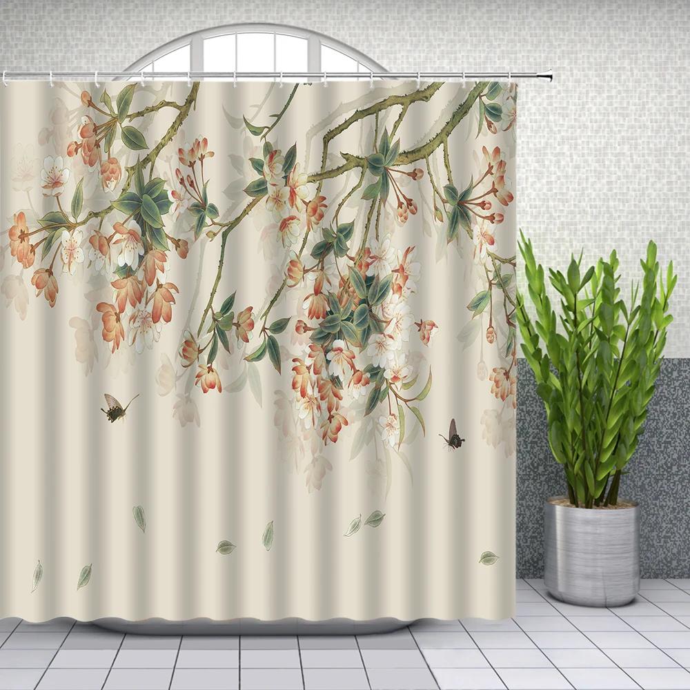 Chinese Flower Bird Shower Curtains Set Printing Waterproof Polyester Leaves Shower Curtains Bathroom Home Decor Mat 180x200CM
