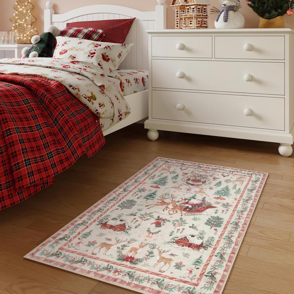Vintage Interior Christmas Carpet Kitchen Bathroom Carpet Entrance Non-Slip Mat Winter Living Room Bedroom Holiday Decor