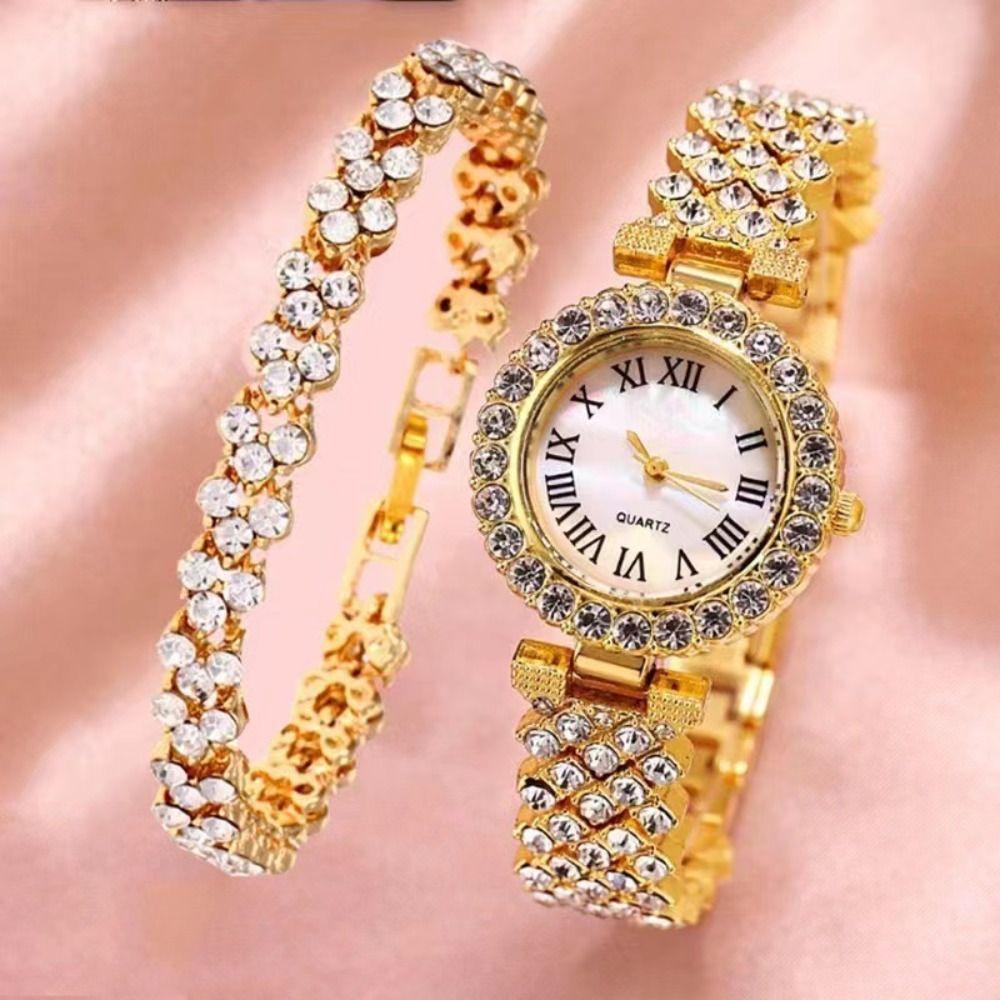 2PCS/Set Roma Dial Quartz Watches Stainless Steel Band Wrist Watch Bracelet Set  Women's Watch