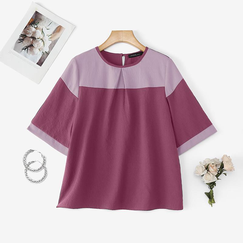

ZANZEA Women Casual Round Neck Loose Patchwork Half Sleeve Blouse 4XL фиолетовый