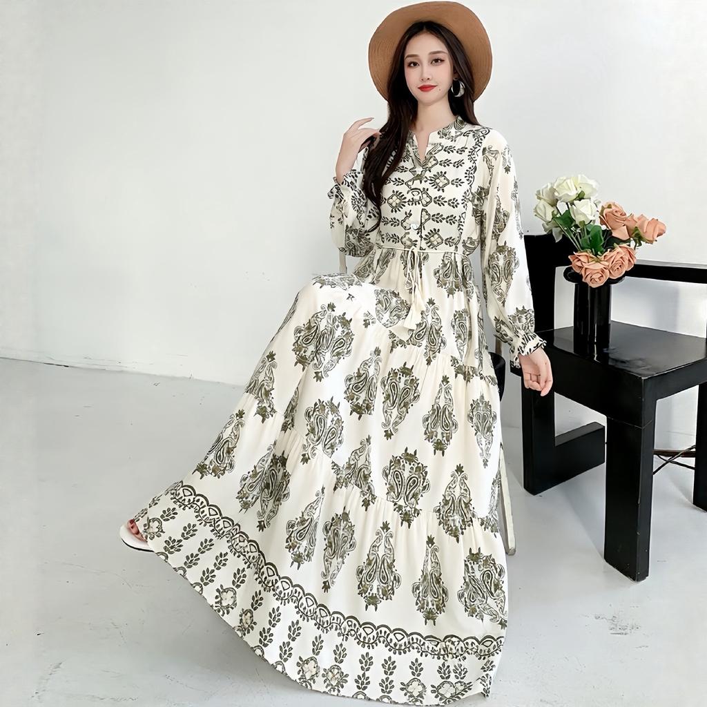 South East Asia People Cotton Floral Long Dress Bohemian Long Sleeve Loose Dress Fat Girl Plus Size Maternity Skirt