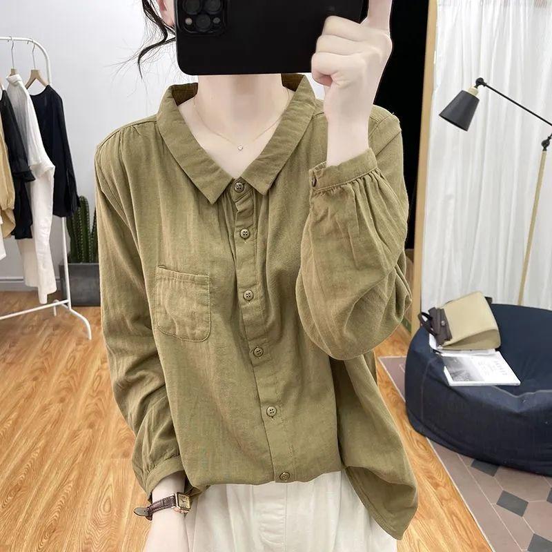 Camicia a maniche lunghe a tinta unita da donna, top ampio e snellente, maglia basic retrò