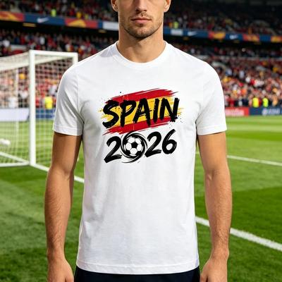 Spain 2026 Patriotic Soccer Fan T-Shirt Spanish Flag Inspired Print Shirt Men Crewneck Short Sleeve Soccer Part Supplies