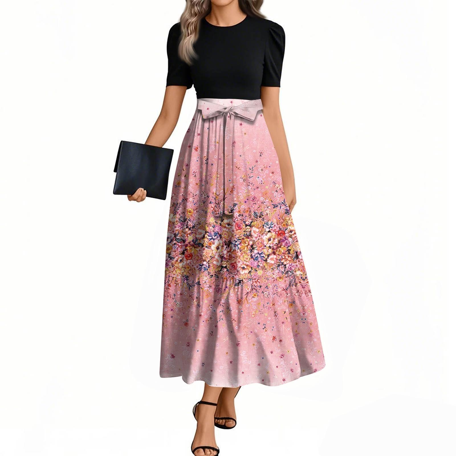 

Женские модные повседневные платья с поясом, коротким рукавом, круглым вырезом, геометрическим узором, элегантные платья с темпераментом L