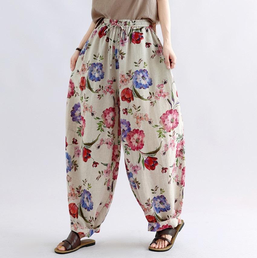 Plus Size Cotton Vintage Floral High Waist Casual Loose Long Spring Summer Autumn Harem Pants Women Trousers