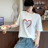 2025 Summer Heart Pattern Plus Size Women's Loose Slimming Round Neck Half Sleeve T-shirt