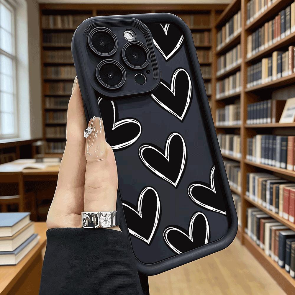 Black Brushstroke Hearts Soft TPU Phone Case for iPhone 17 16 15 14 13 12 11 Pro Max Plus Shockproof Anti-Slip Cover