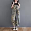 Salopette in denim con stampa floreale oversize casual per donna, jeans larghi a gamba larga, tute e tute cargo con cinturini, pantaloni larghi