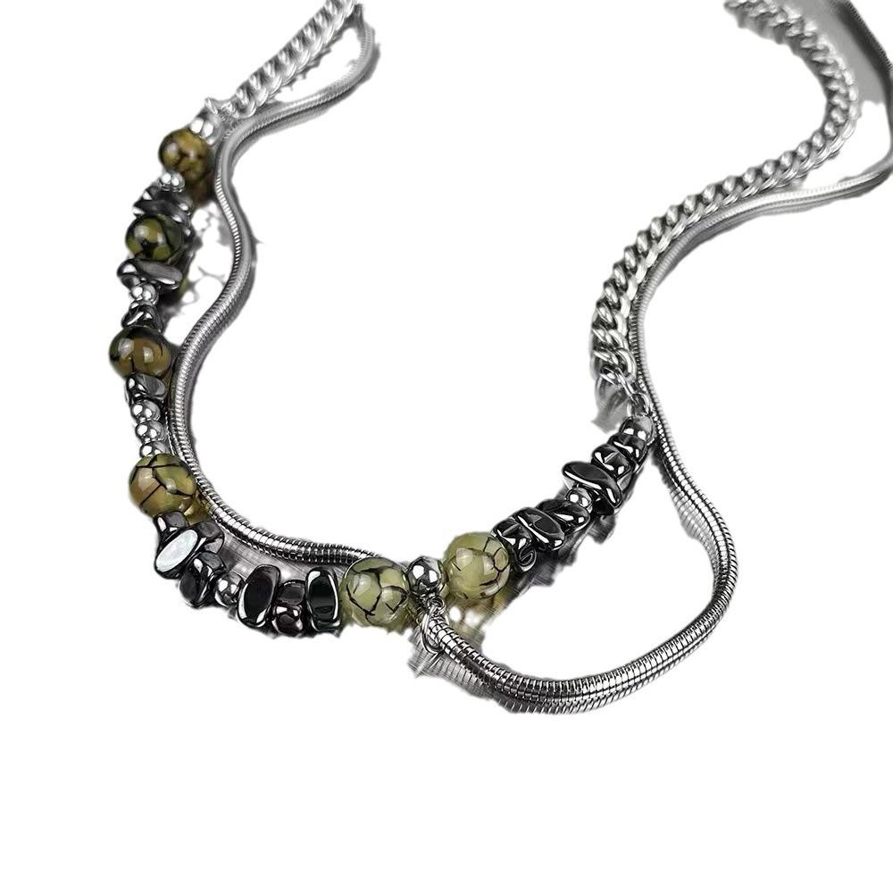 Trendy Amber Stone Spliced Irregular Beading Snake Bone Chains Double-layer Couple Necklaces for Women Men Jewelry Does Not Fade