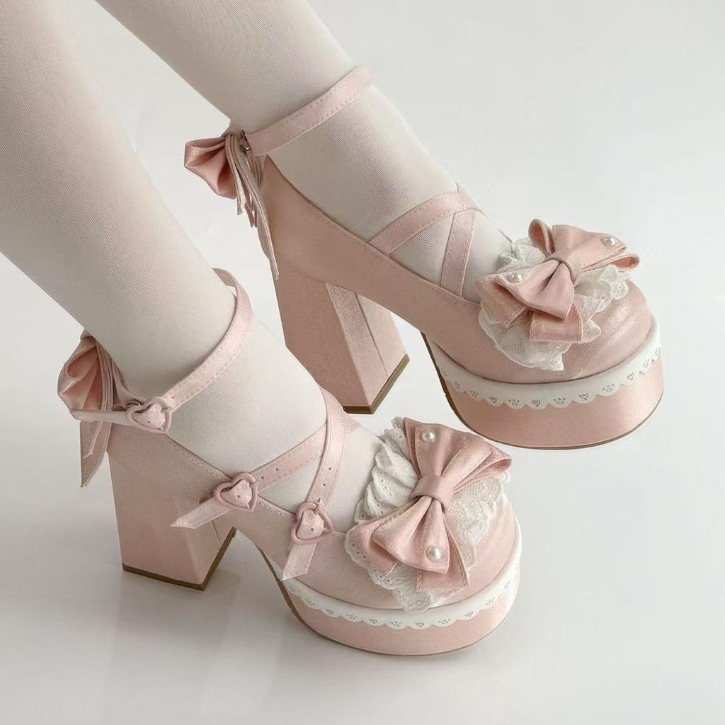 Ele Torr Söt Japansk Sle Lolita Knut Söt Blomma Högklackade Dams Tjock Klack Lolita Pumpses