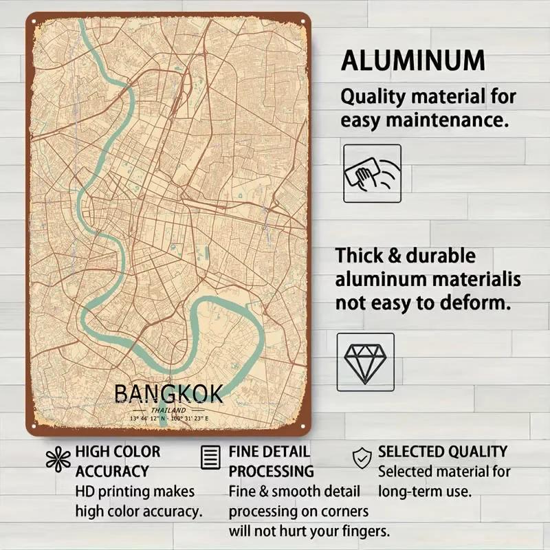 Bangkok Vintage Karta Affisch Karta Metallskylt Modern Heminredning Vardagsrum Anpassade Tennskyltar för Väggkonst Dekoration Man Cave
