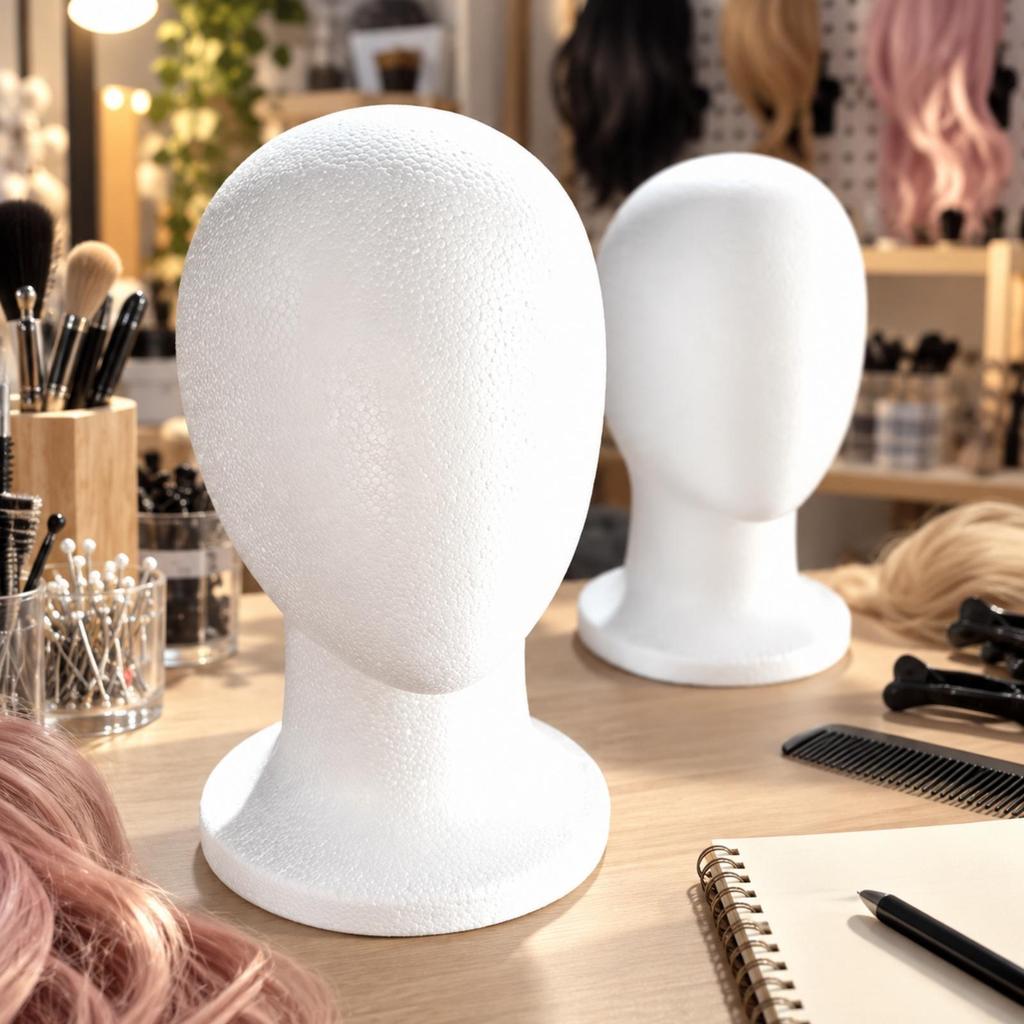 White Foam Mannequin Head with Round Base Smooth Faceless Neck