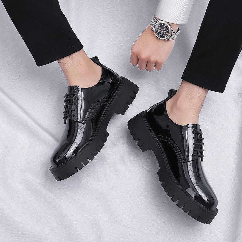 Patent Leather Big Scalp Shoes Men's Autumn British Style Cowhide Glossy Thick-soled Heightening with Suit Wedding Groom Leather Shoes