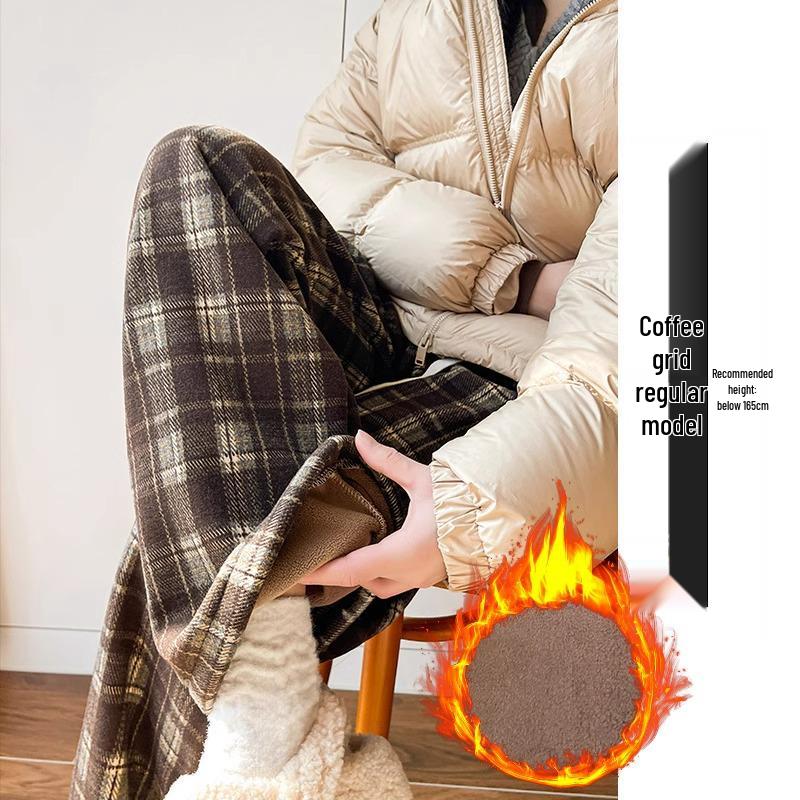 145 Women's Brown Vintage Plaid Wide-Leg Pants, High Waist, Fleece-Lined, Petite Size, Casual Autumn/Winter Style.