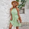 Women Spring Solid Color Sleeveless Halter Dress Summer Casual A-Line High Waist Belt Short Dresses S-XL