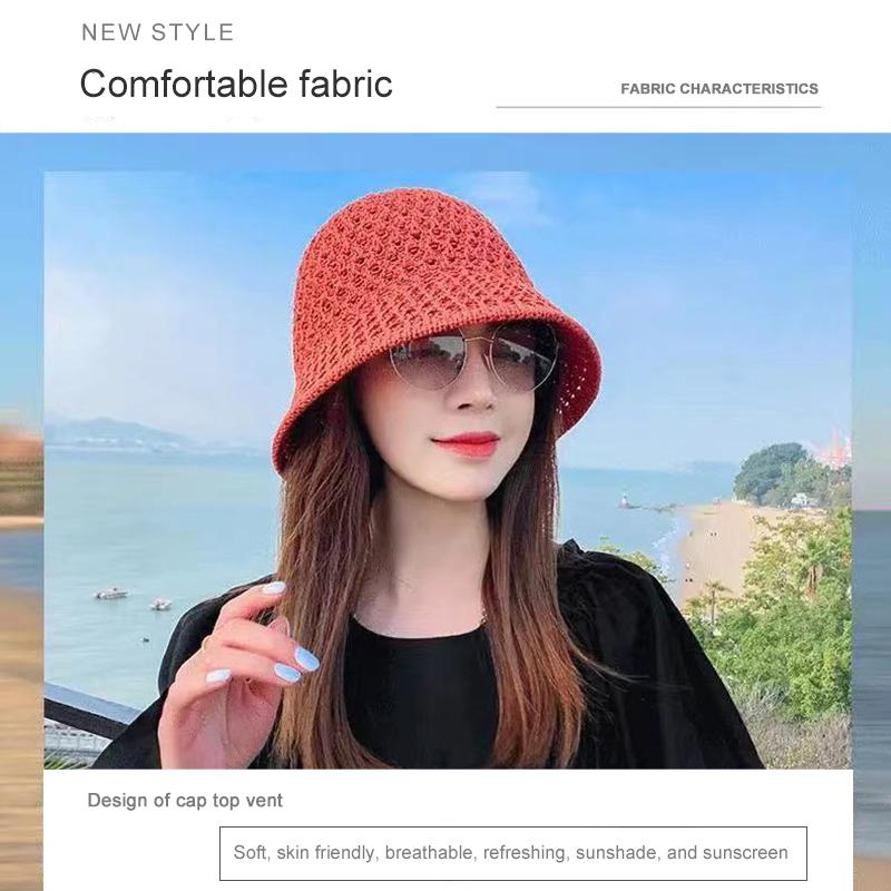 Bucket Hat Spring Summer Hollow Knitted Hat Solid Color Sunhat Fisherman Caps Casual Foldable Beach Cap