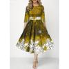 Women's Christmas Snowflake Print A-Line Dress Round Neck 3/4 Sleeve High Waist Midi Party Dress