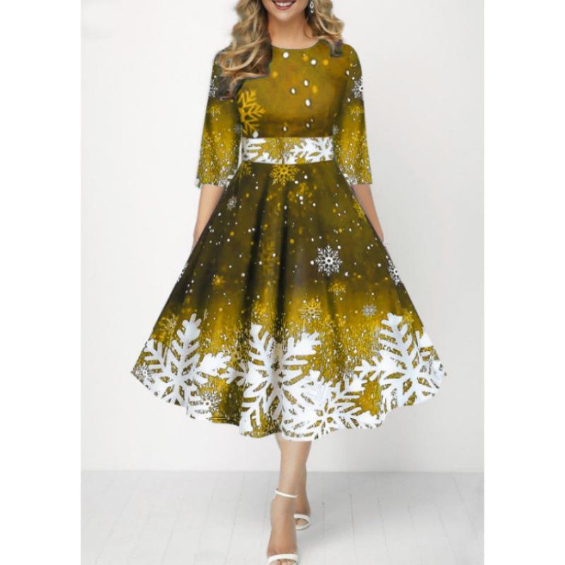 Women's Christmas Snowflake Print A-Line Dress Round Neck 3/4 Sleeve High Waist Midi Party Dress